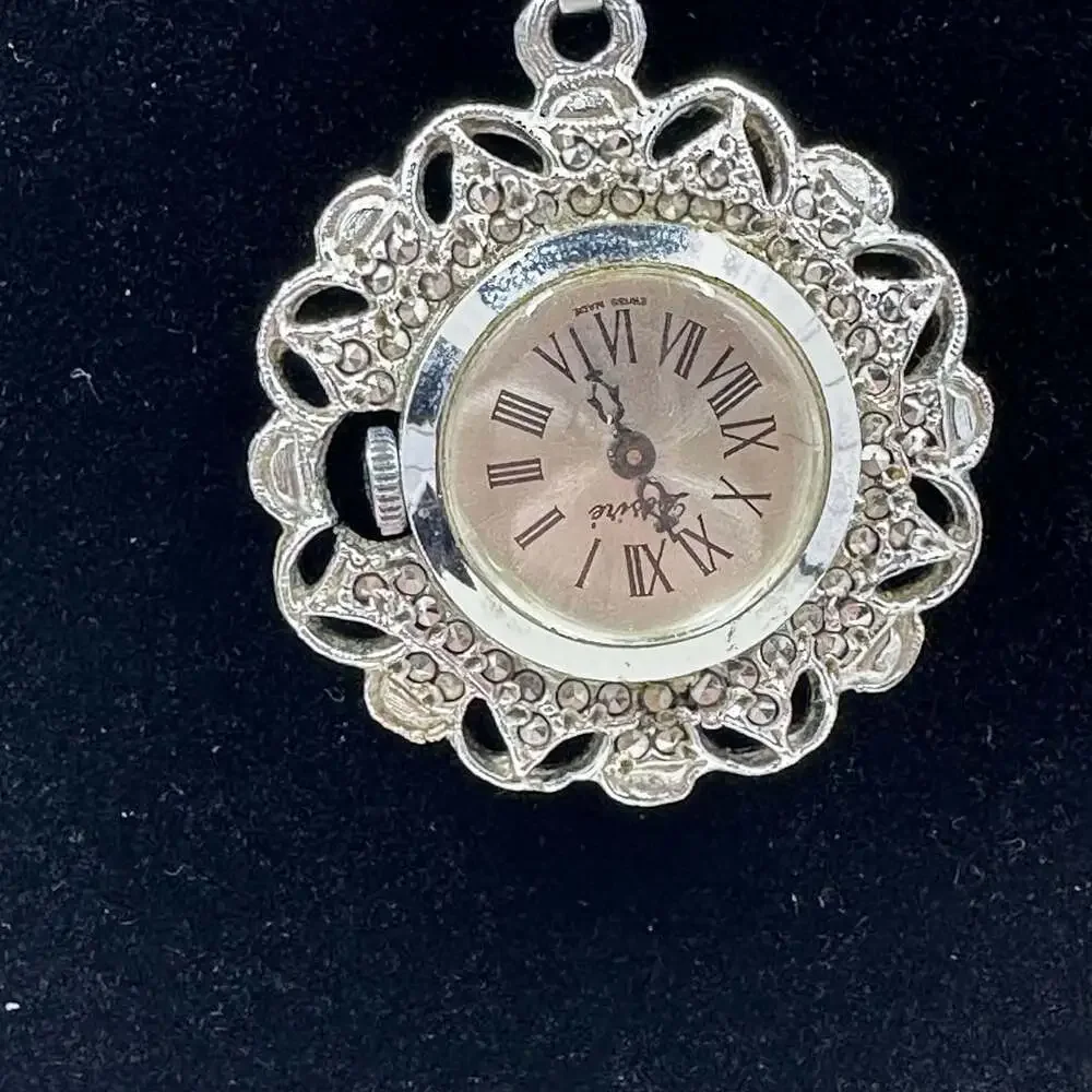 Vintage Swiss Made Pendant Watch Necklace Silver Tone Filigree Roman Numeral